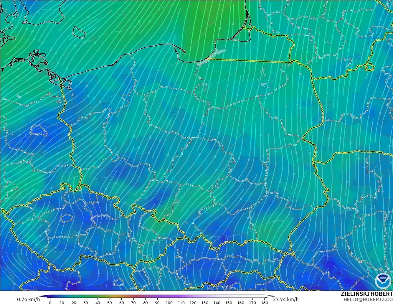 GFS model - Poland, Wind at 10m
