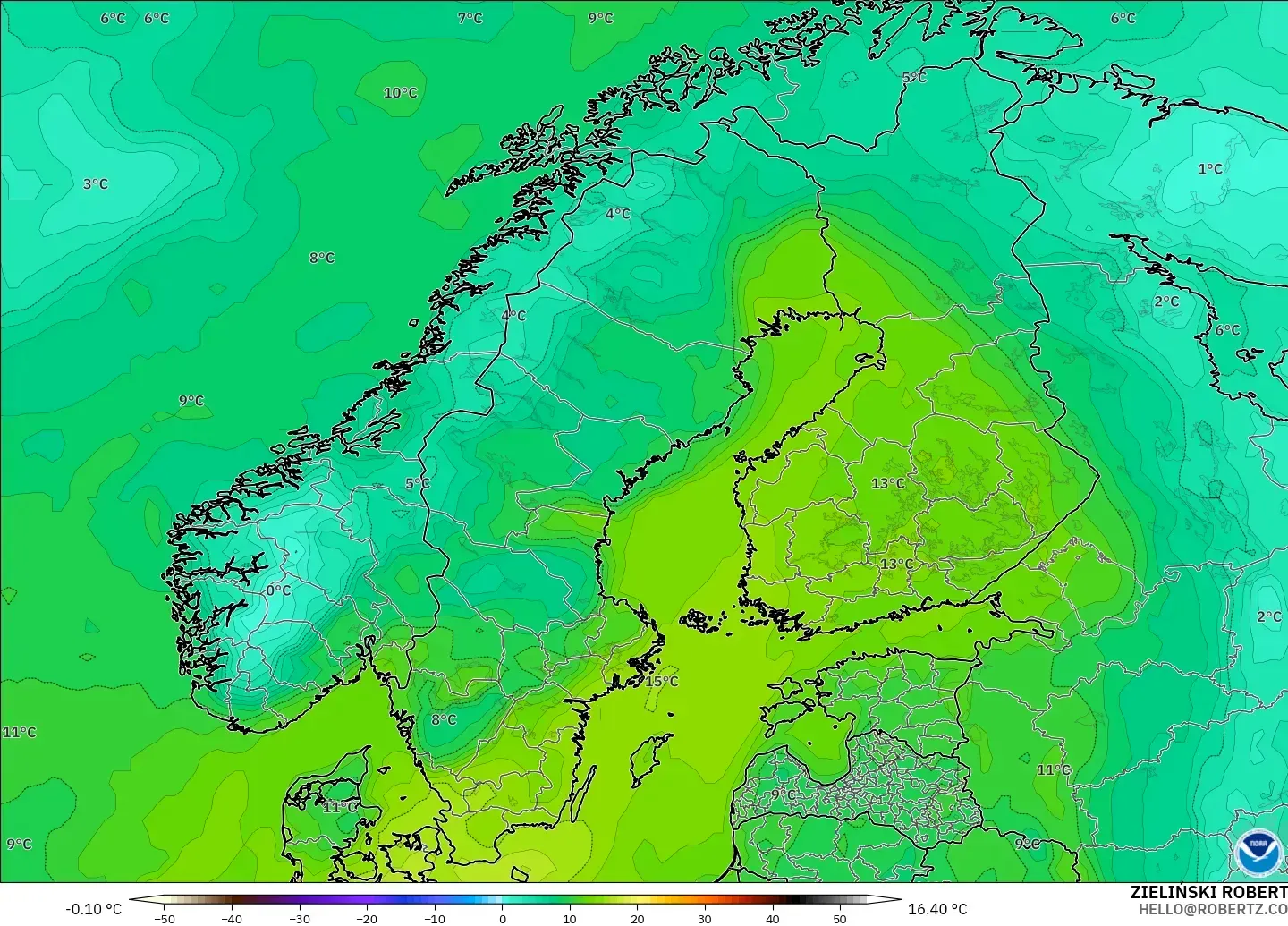 GFS model - Scandinavia, Dewpoint at 2m