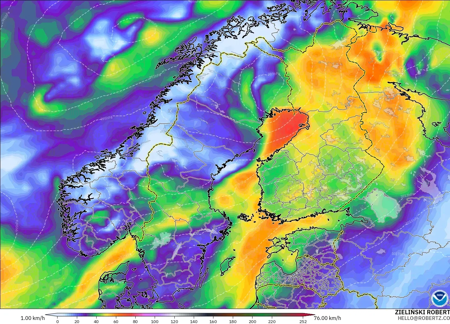 GFS model - Scandinavia, Wind Gusts