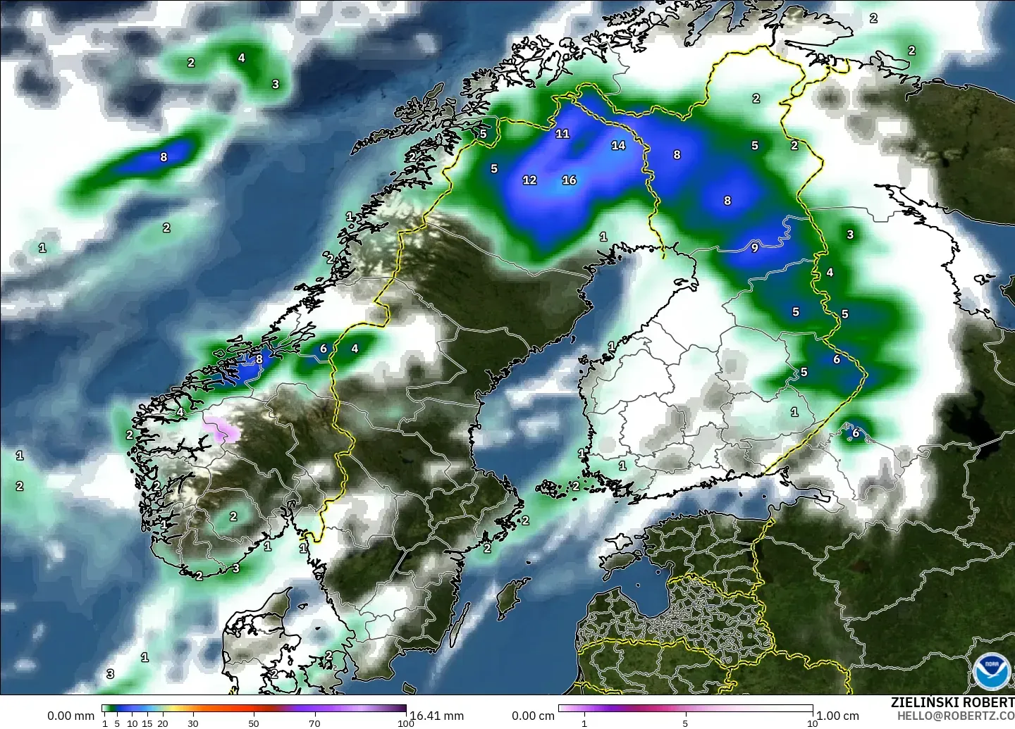 GFS model - Scandinavia, Precipitation, Clouds, and Pressure