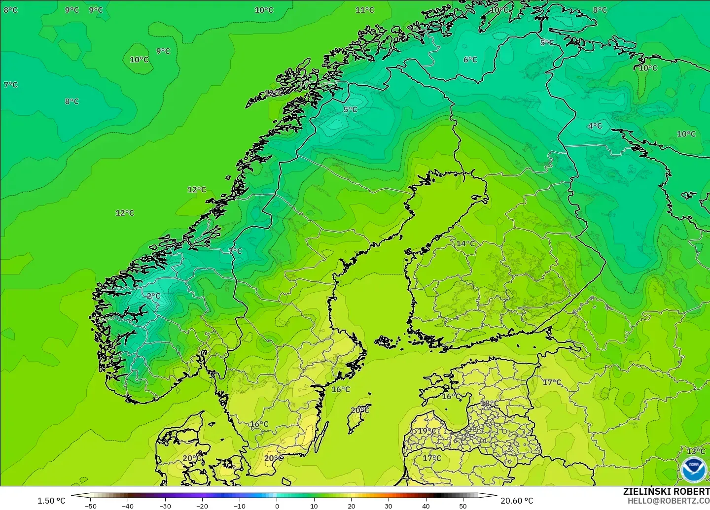 GFS model - Scandinavia, Temperature at 2m