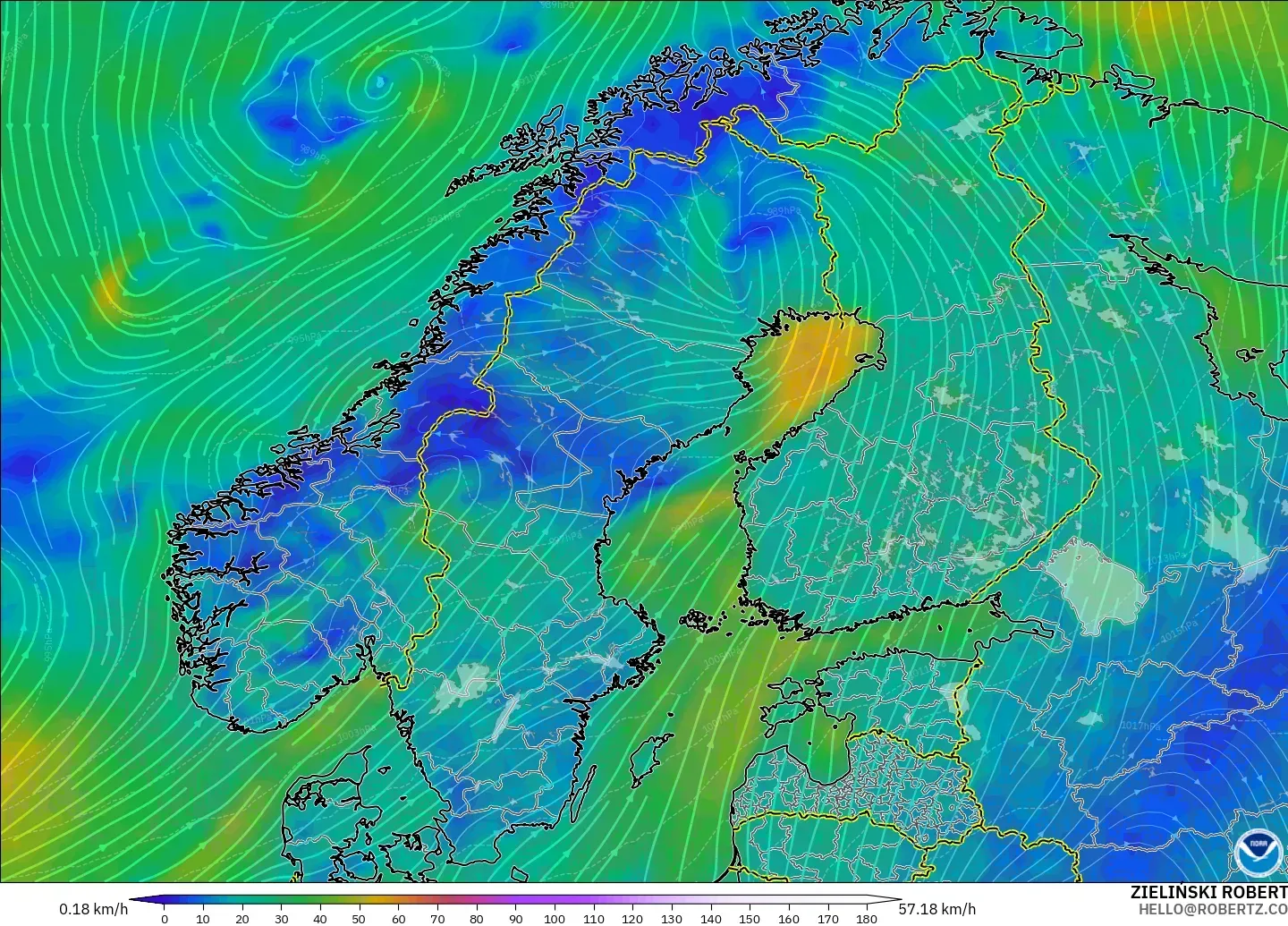 GFS model - Scandinavia, Wind at 10m