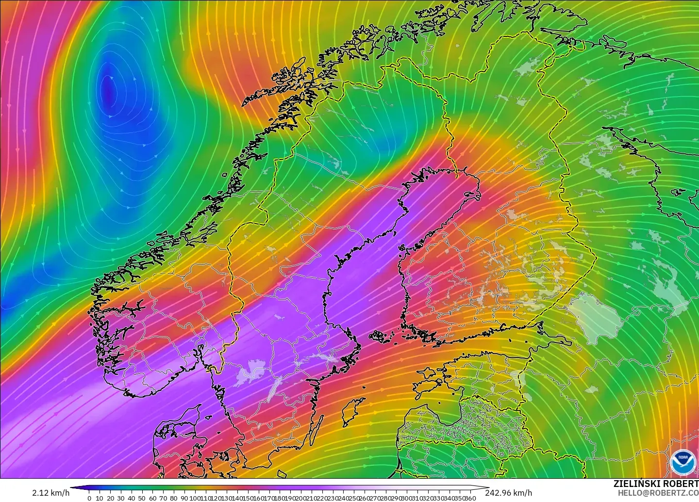 GFS model - Scandinavia, Wind at 300hPa (jet stream)