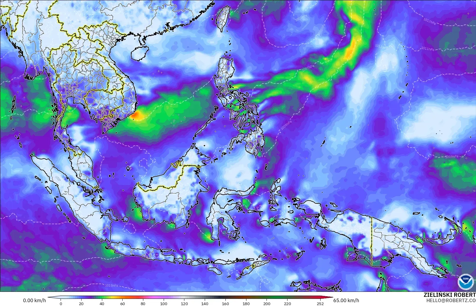 GFS model - South East Asia, Wind Gusts Peak