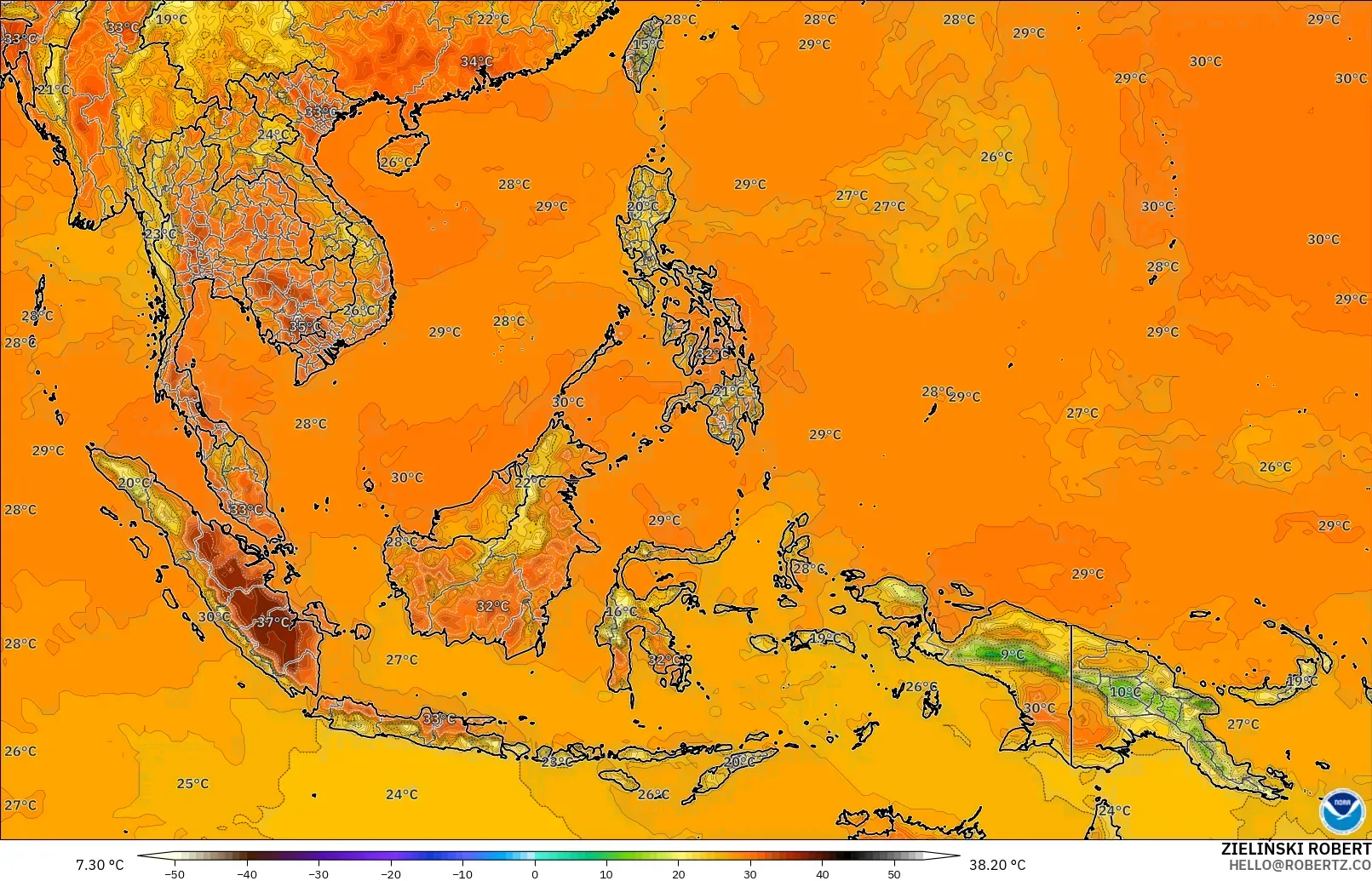 GFS model - South East Asia, Temperature at 2m