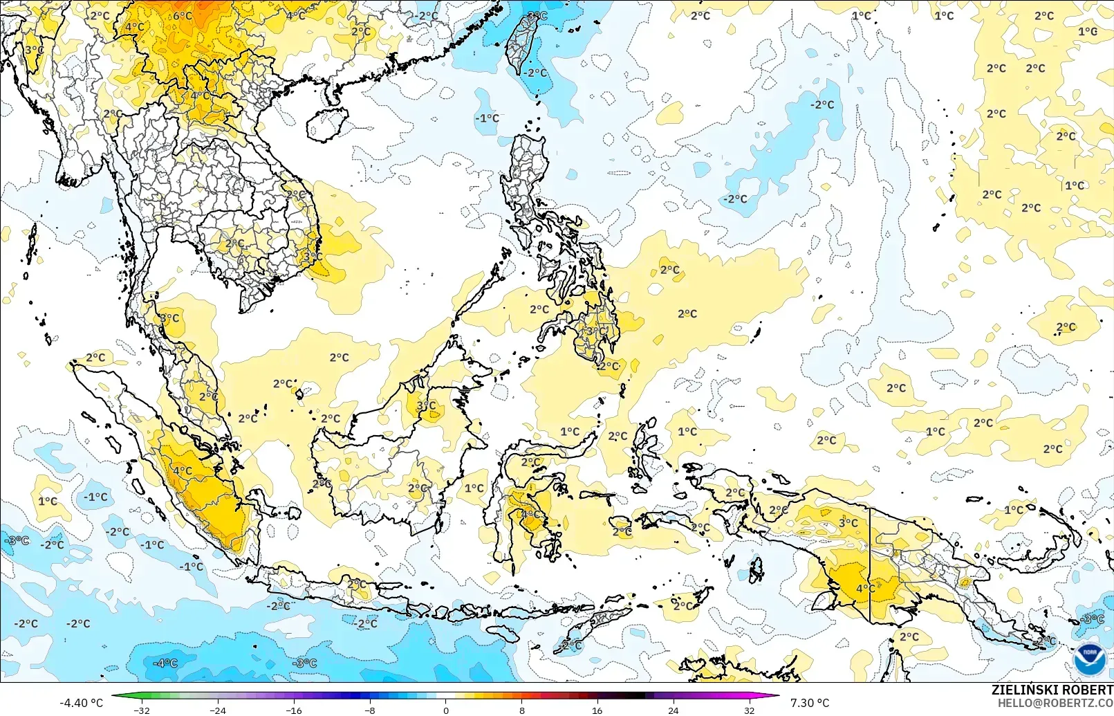 GFS model - South East Asia, Temperature at 850hPa Anomaly