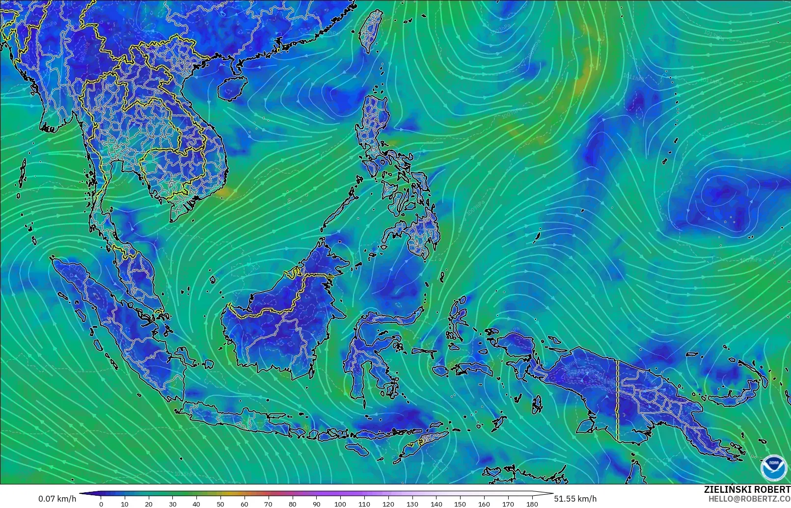 GFS model - South East Asia, Wind at 10m