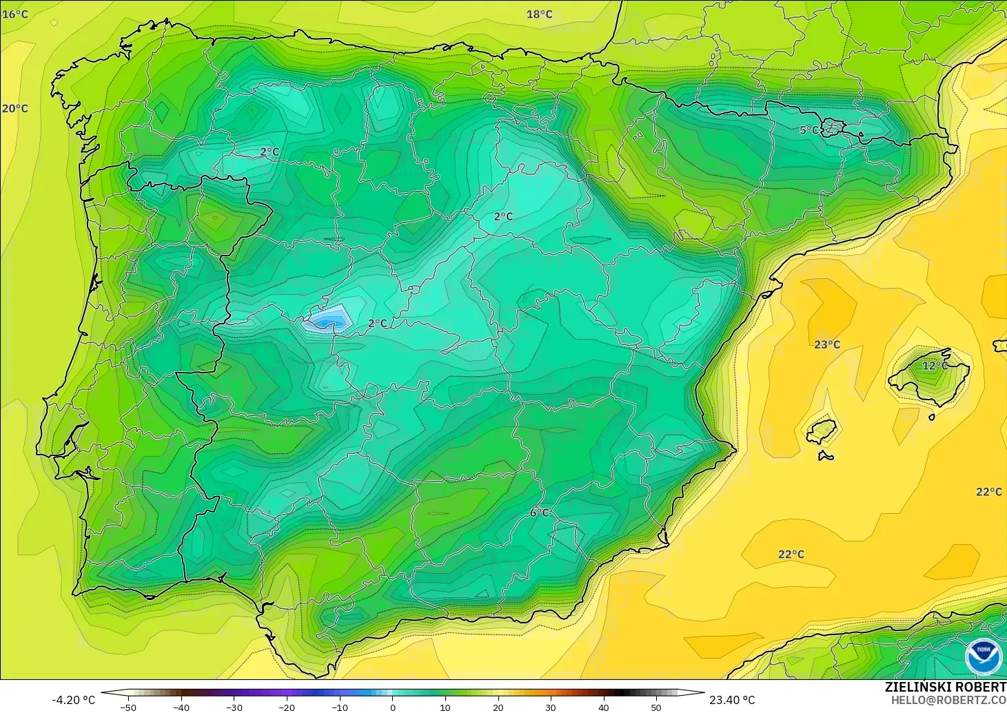 GFS model - Spain, Dewpoint at 2m