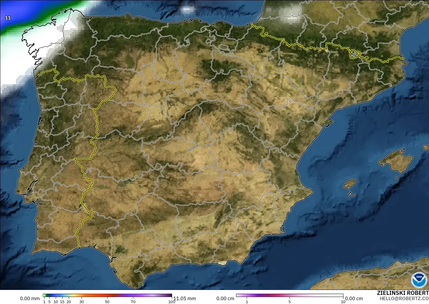 GFS model - Spain, Precipitation, Clouds, and Pressure