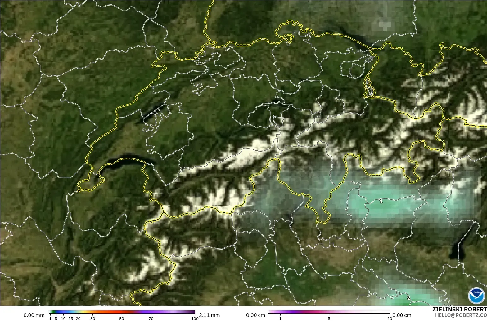 GFS model - Switzerland, Precipitation, Clouds, and Pressure