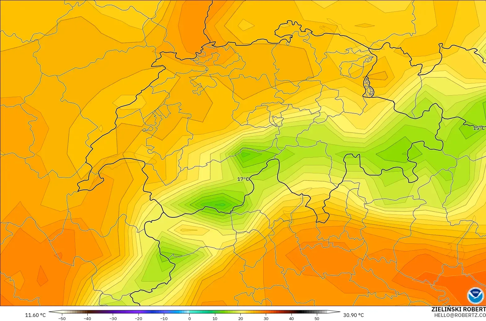 GFS model - Switzerland, Temperature at 2m