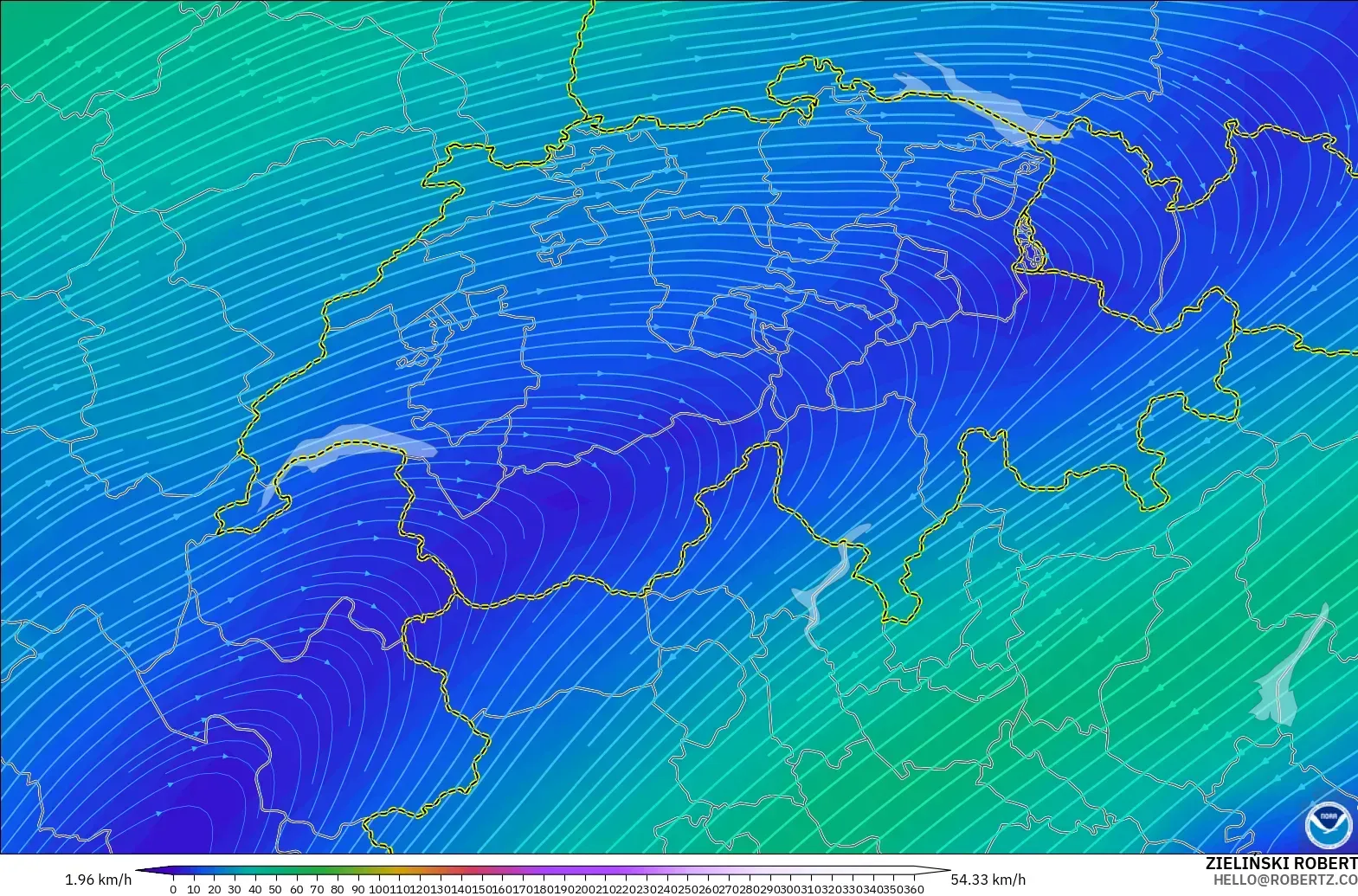 GFS model - Switzerland, Wind at 300hPa (jet stream)