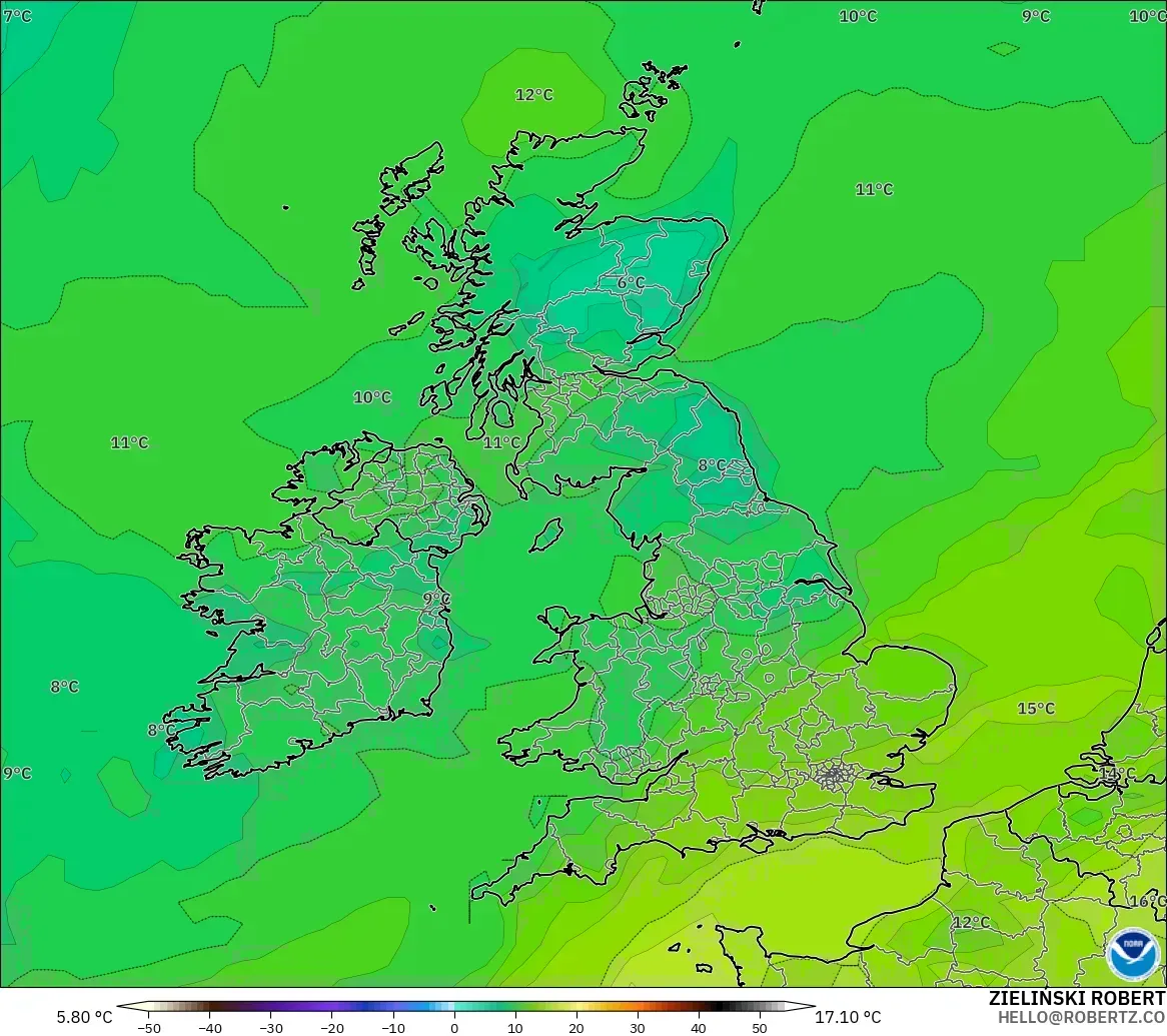 GFS model - United Kingdom, Dewpoint at 2m