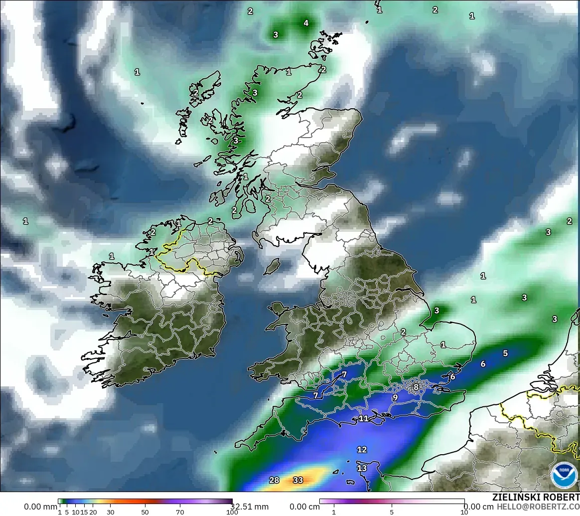 GFS model - United Kingdom, Precipitation, Clouds, and Pressure