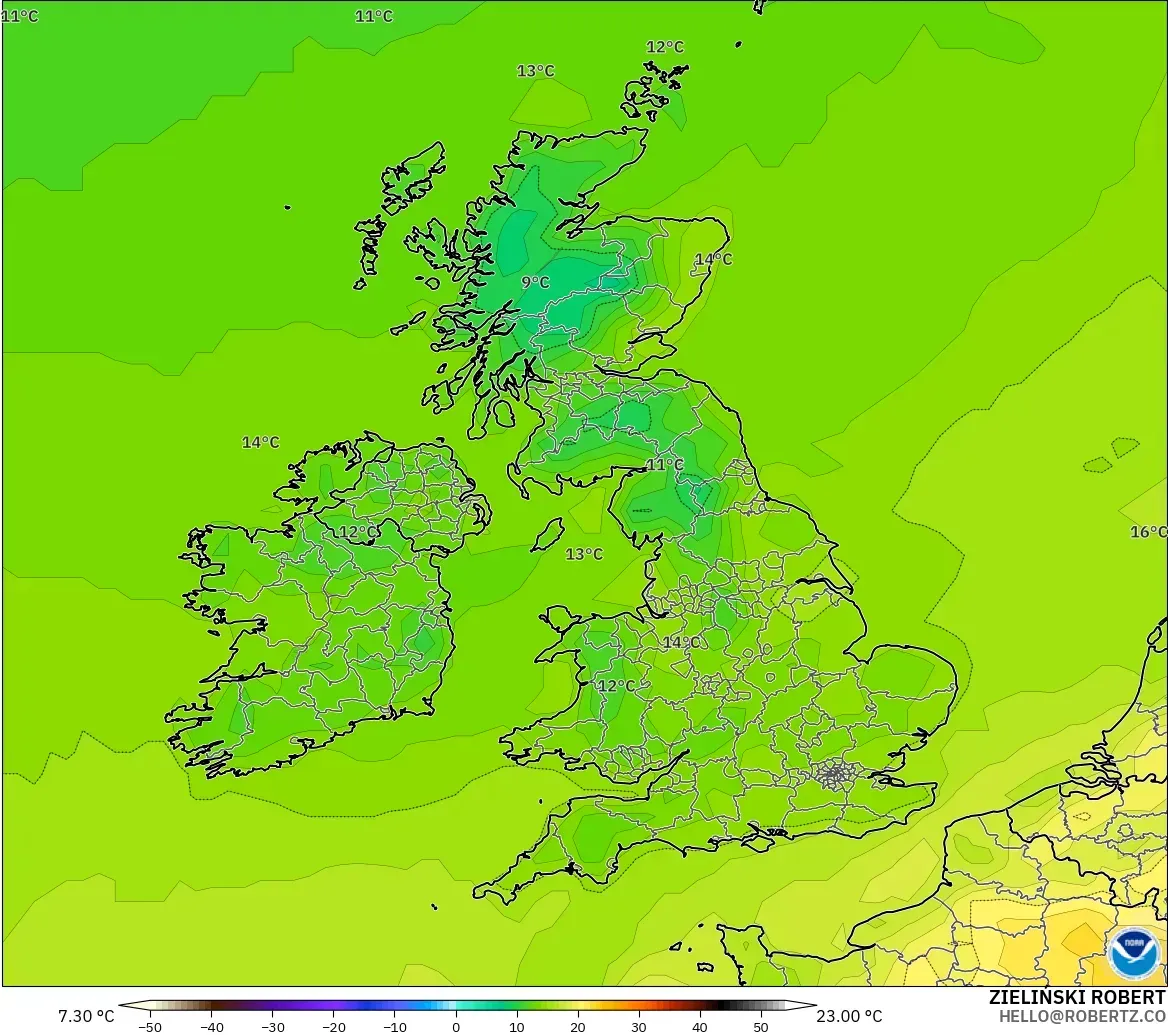 GFS model - United Kingdom, Temperature at 2m