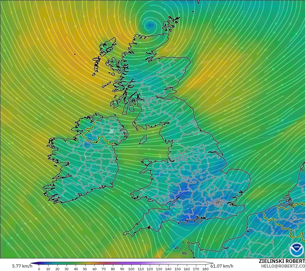 GFS model - United Kingdom, Wind at 10m