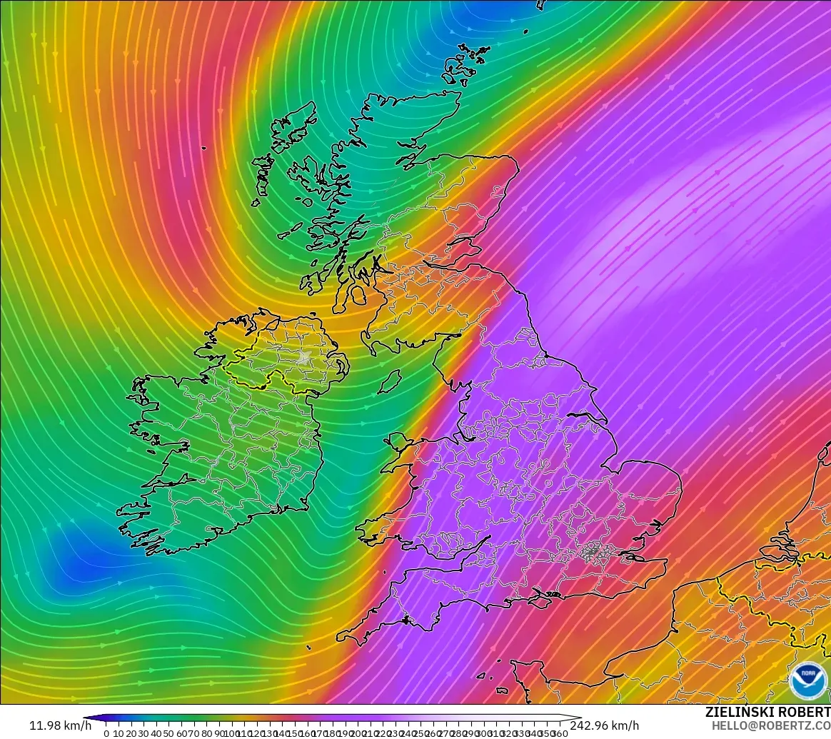 GFS model - United Kingdom, Wind at 300hPa (jet stream)