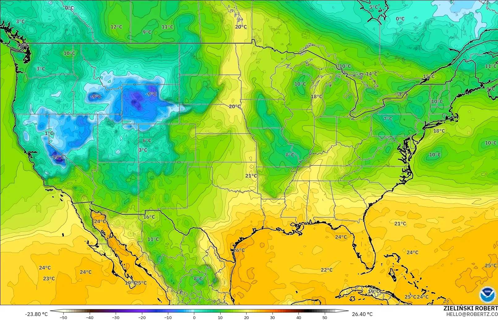 GFS model - United States, Dewpoint at 2m