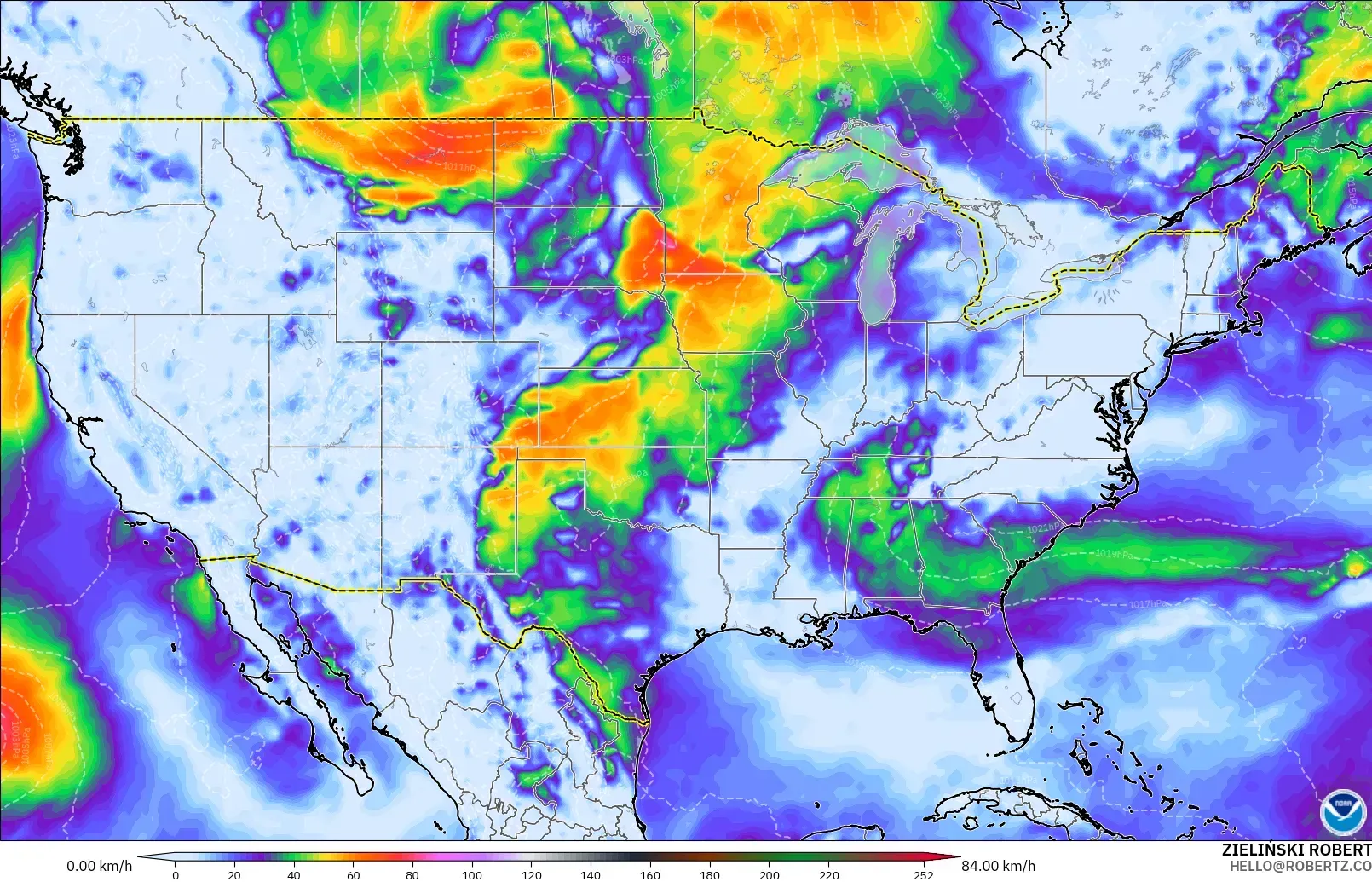 GFS model - United States, Wind Gusts