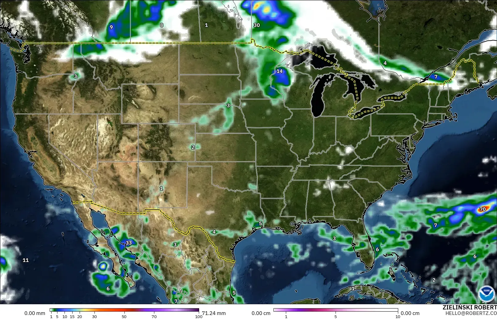 GFS model - United States, Precipitation, Clouds, and Pressure