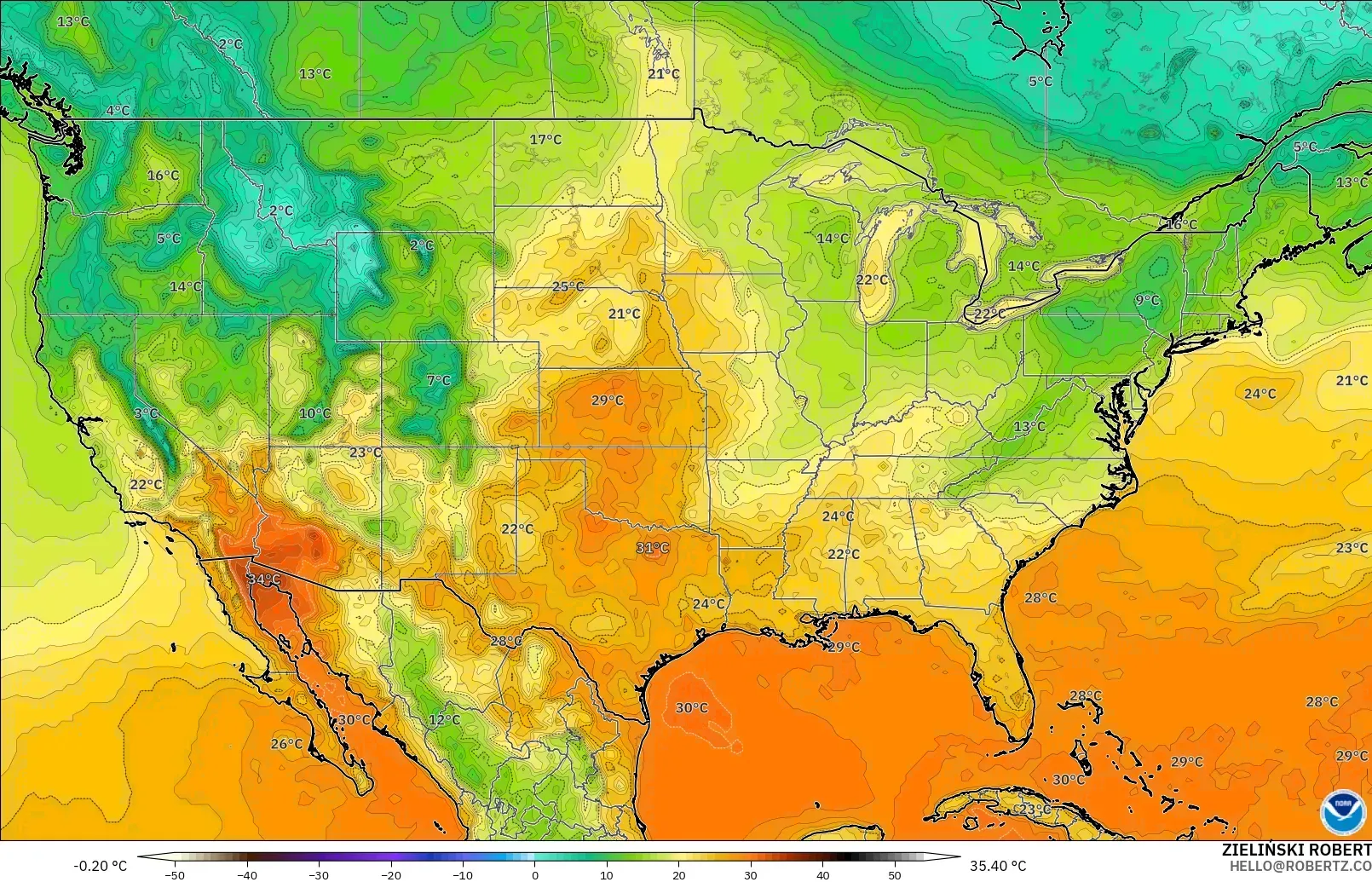 GFS model - United States, Temperature at 2m