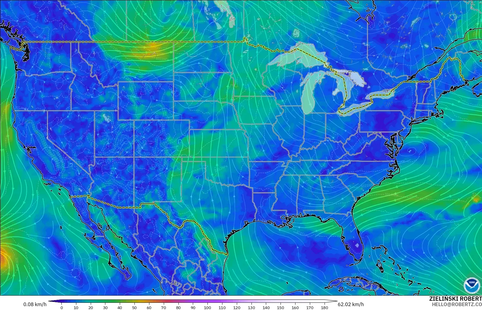 GFS model - United States, Wind at 10m