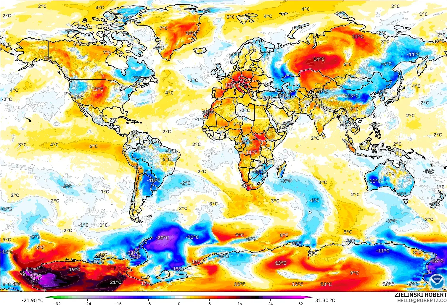 GFS model - World, Temperature at 2m Anomaly