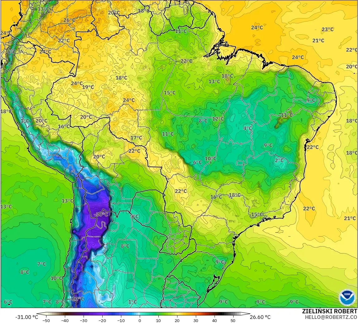 GFS model - Brazil, Dewpoint at 2m