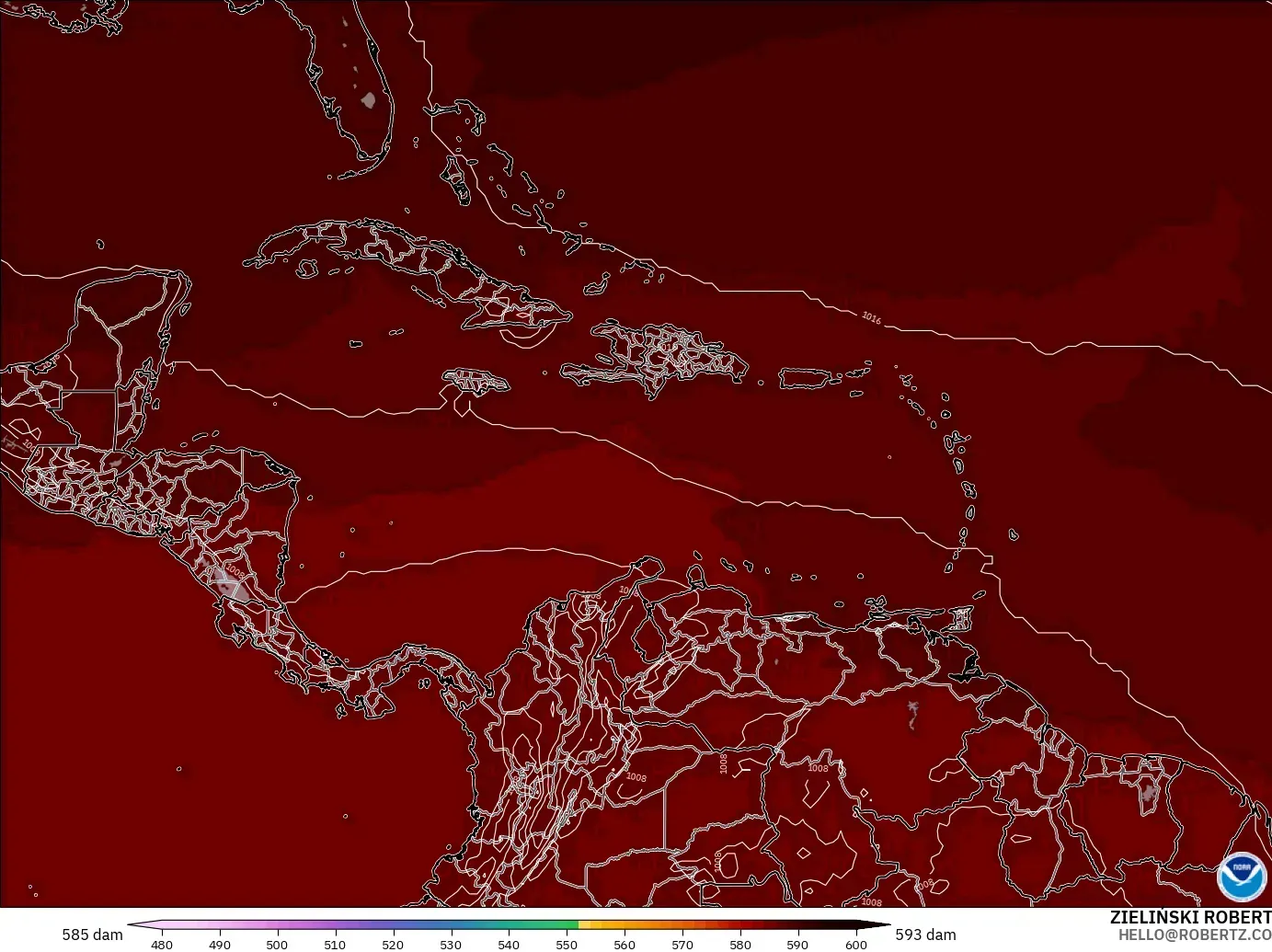 GFS model - Caribbean, Geopotential height at 500hPa