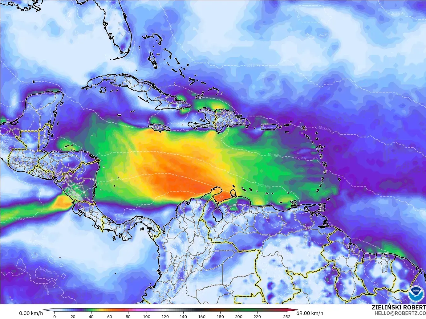 GFS model - Caribbean, Wind Gusts