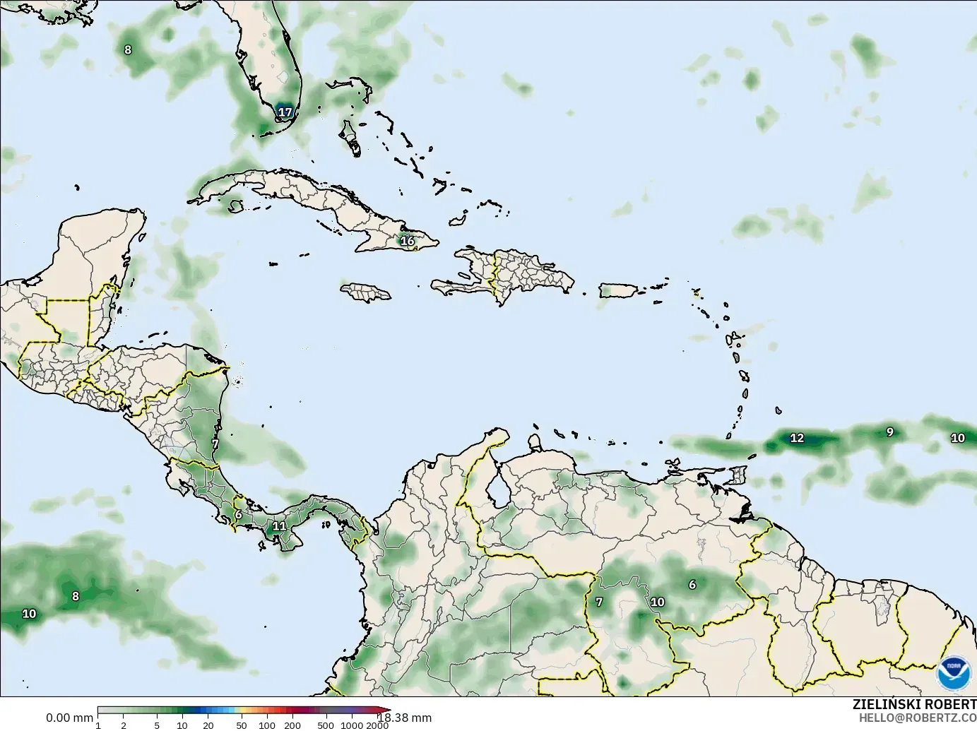 GFS model - Caribbean, Precipitation Accumulation