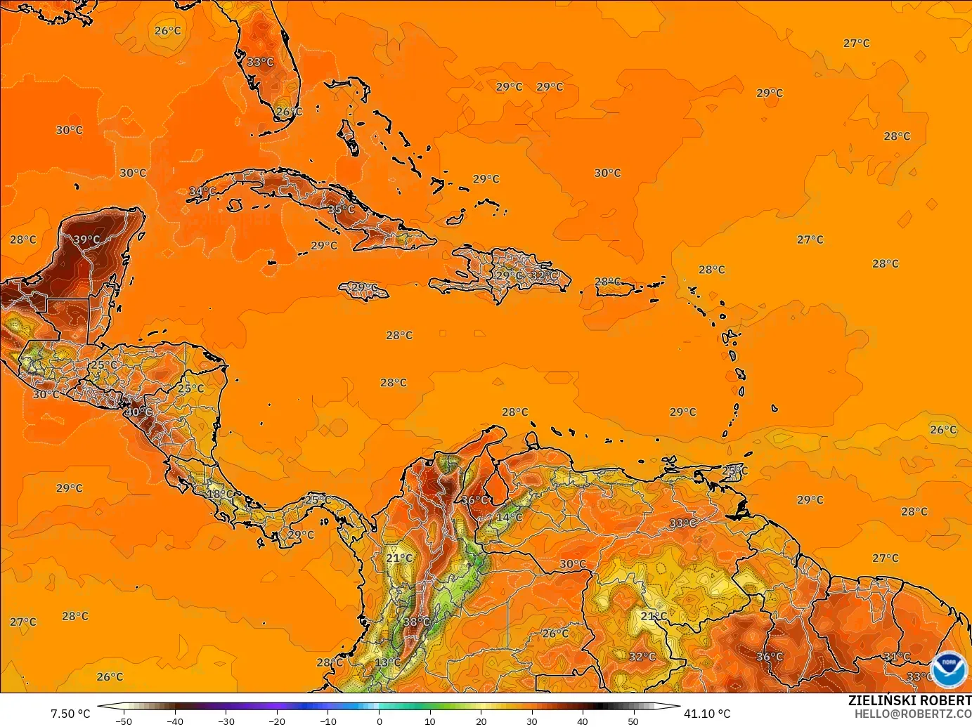 GFS model - Caribbean, Temperature at 2m