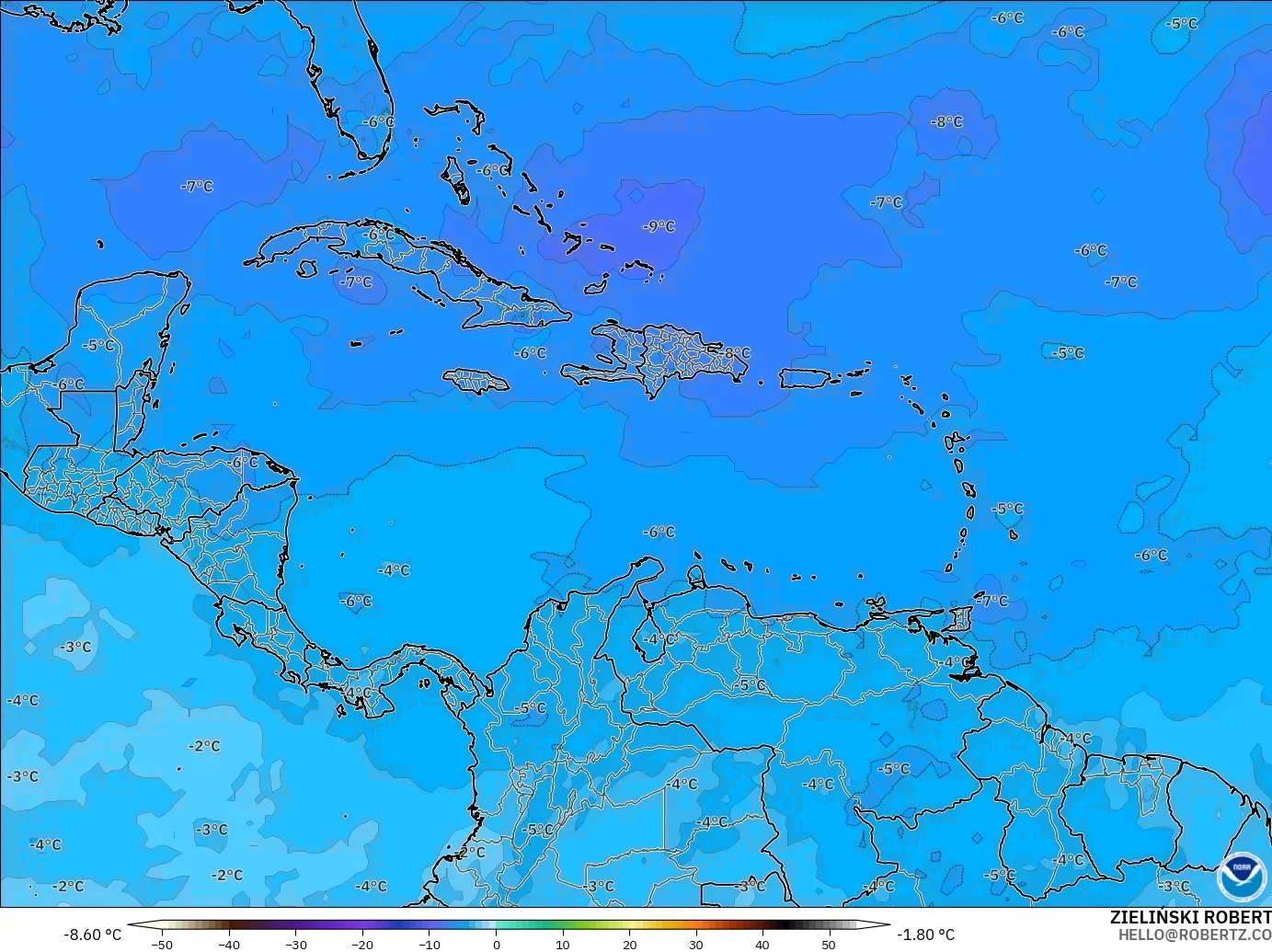 GFS model - Caribbean, Temperature at 500hPa