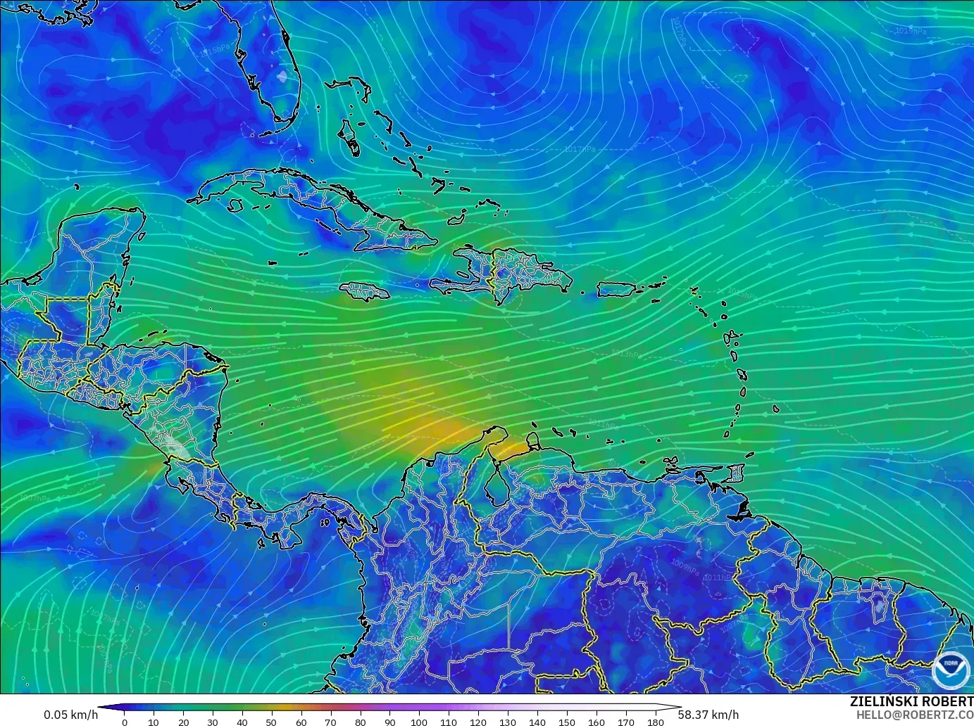 GFS model - Caribbean, Wind at 10m