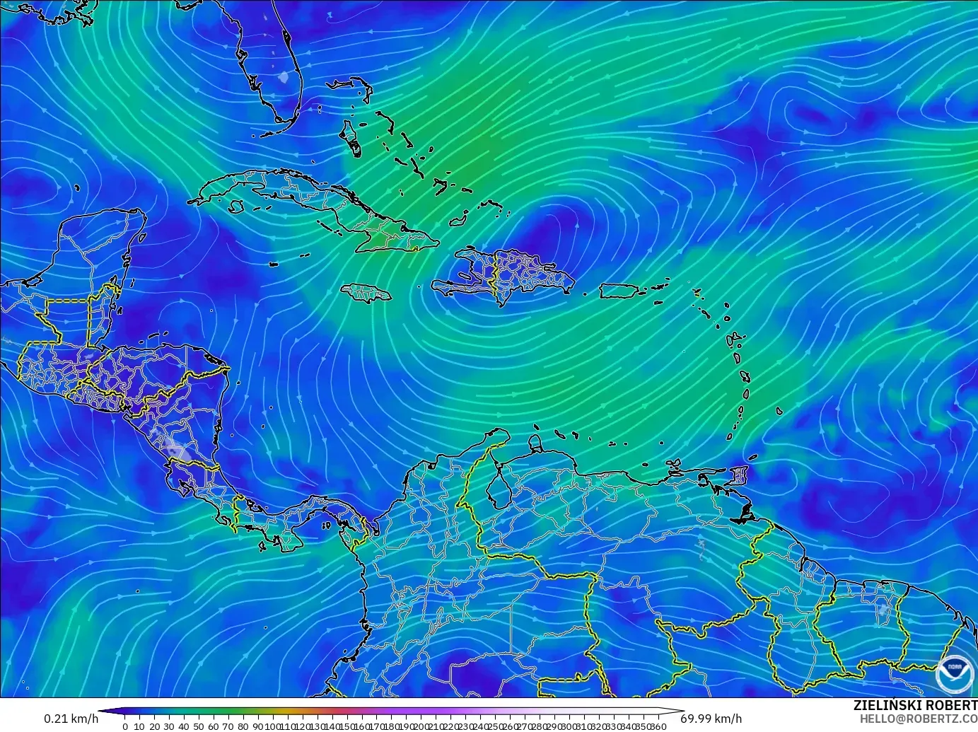 GFS model - Caribbean, Wind at 300hPa (jet stream)