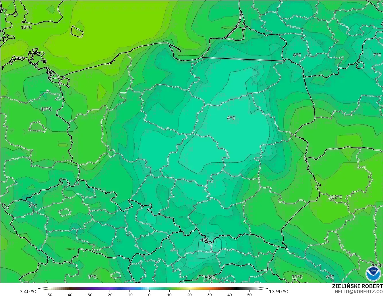 GFS model - Poland, Dewpoint at 2m