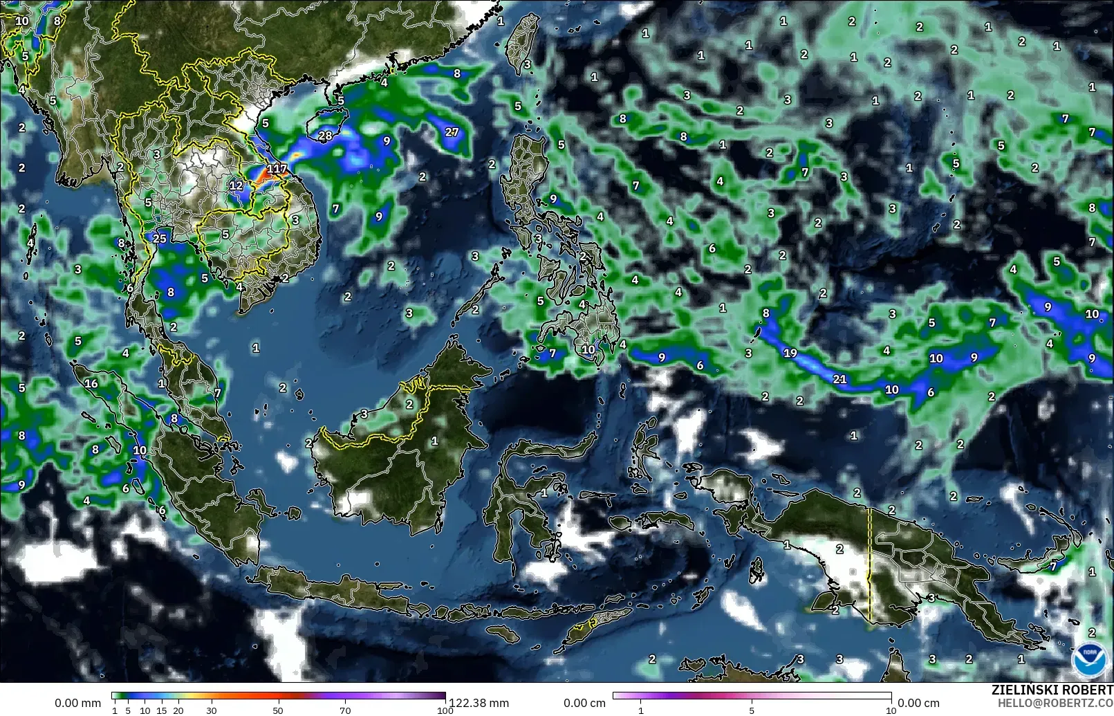 GFS model - South East Asia, Precipitation, Clouds, and Pressure