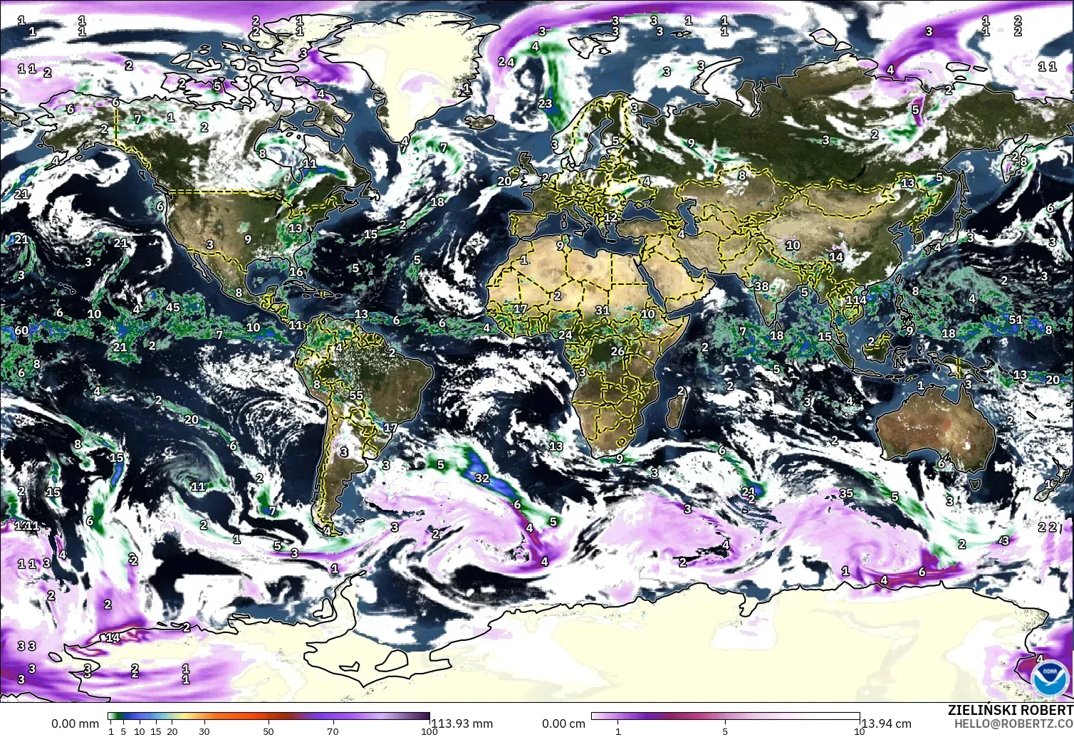 GFS model - World, Precipitation, Clouds, and Pressure
