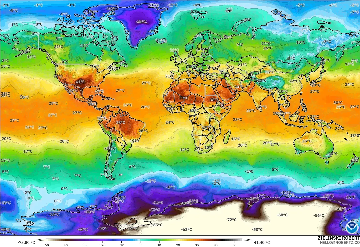 GFS model - World, Temperature at 2m
