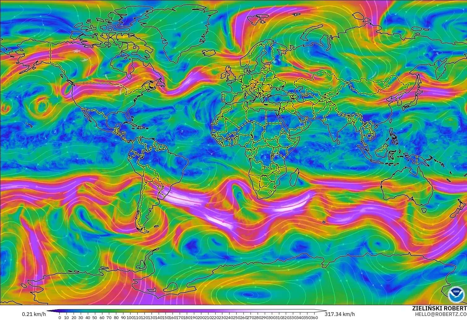GFS model - World, Wind at 300hPa (jet stream)