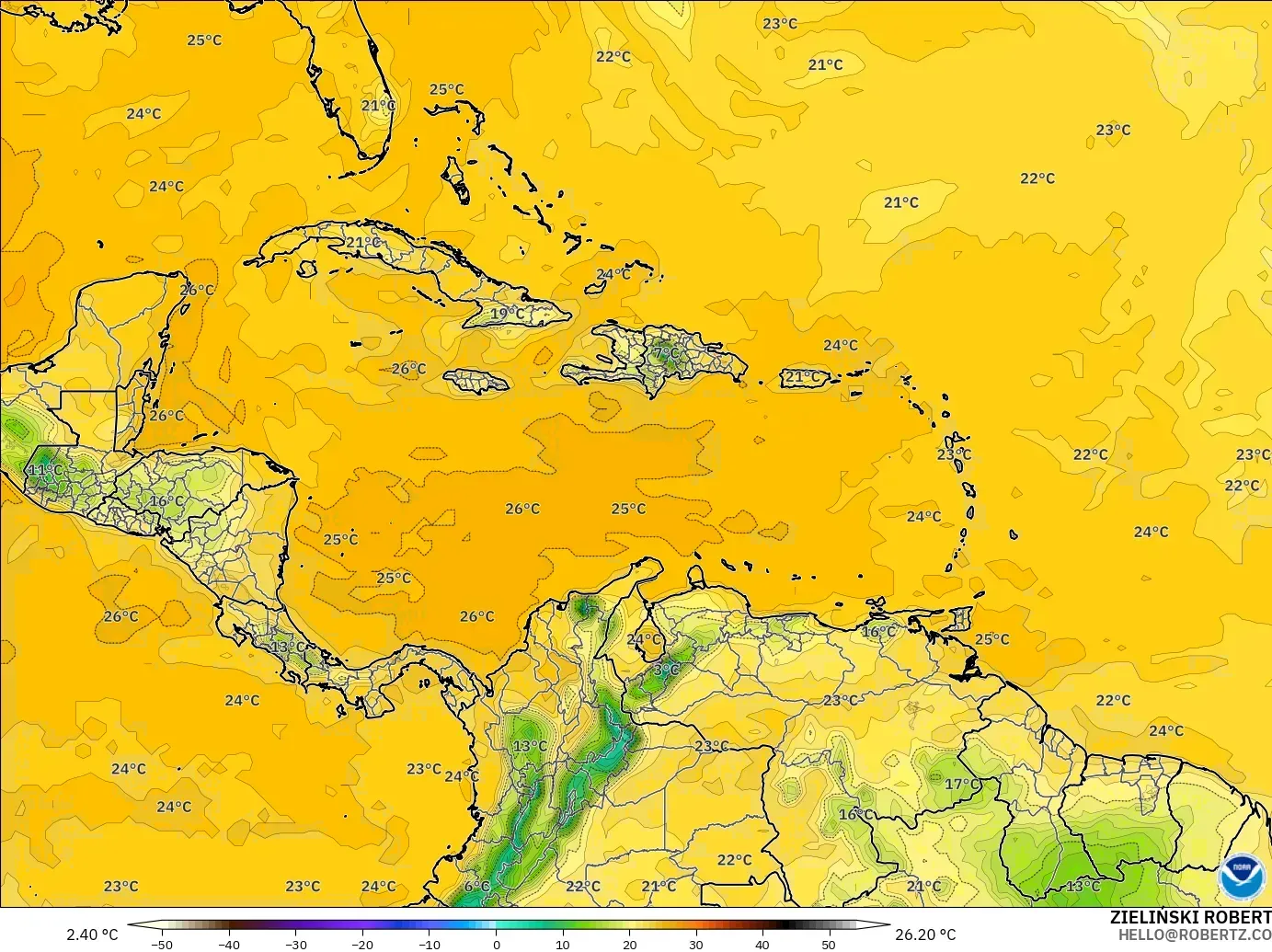 GFS model - Caribbean, Dewpoint at 2m