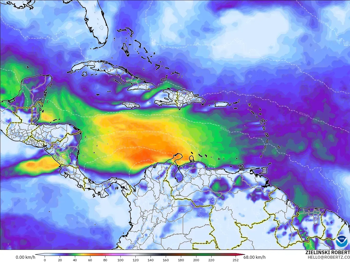 GFS model - Caribbean, Wind Gusts Peak