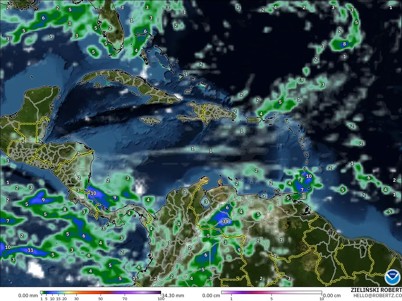 GFS model - Caribbean, Precipitation, Clouds, and Pressure