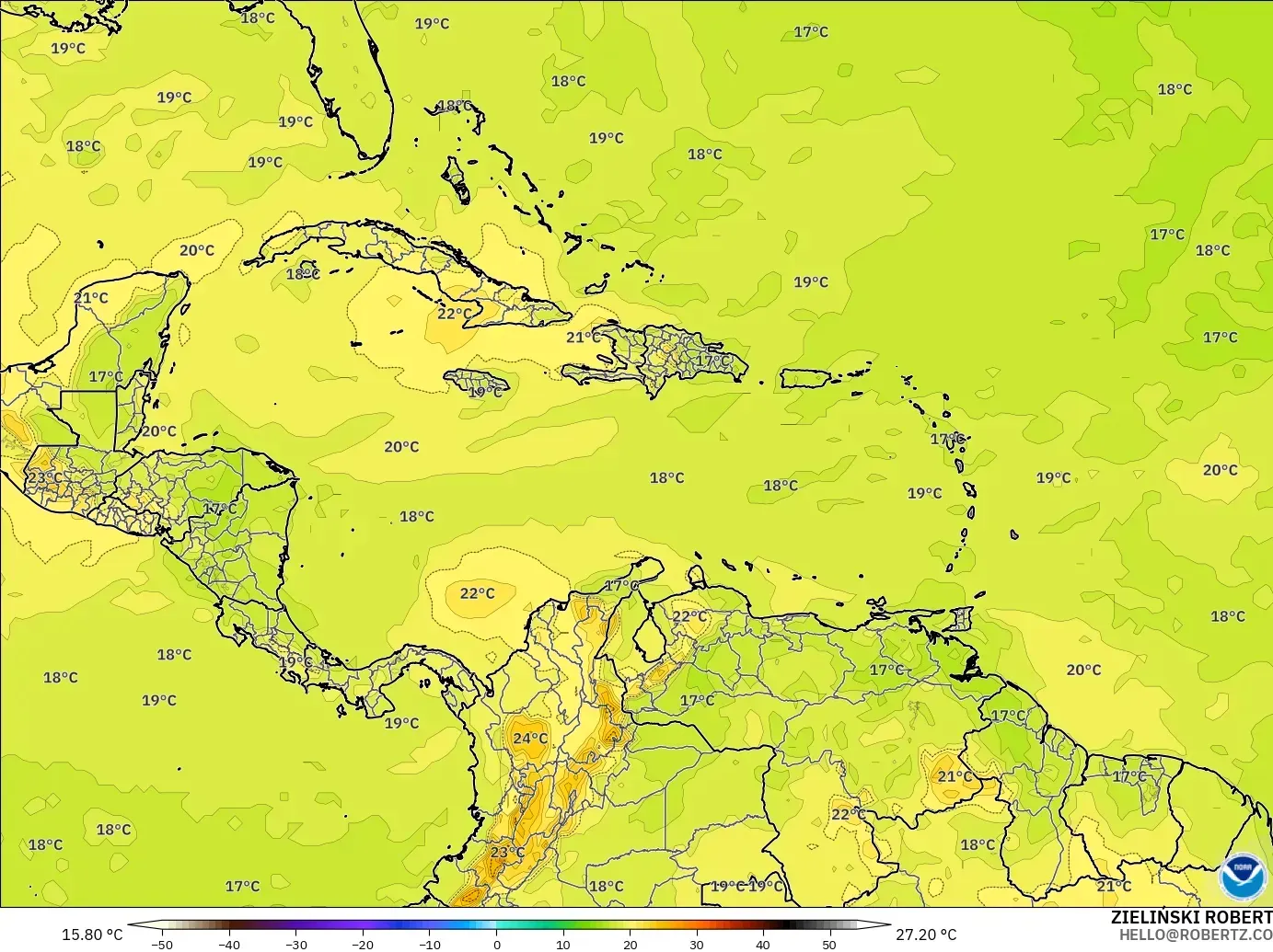 GFS model - Caribbean, Temperature at 850hPa