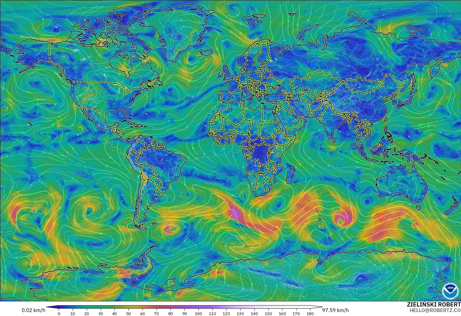 GFS model - World, Wind at 10m