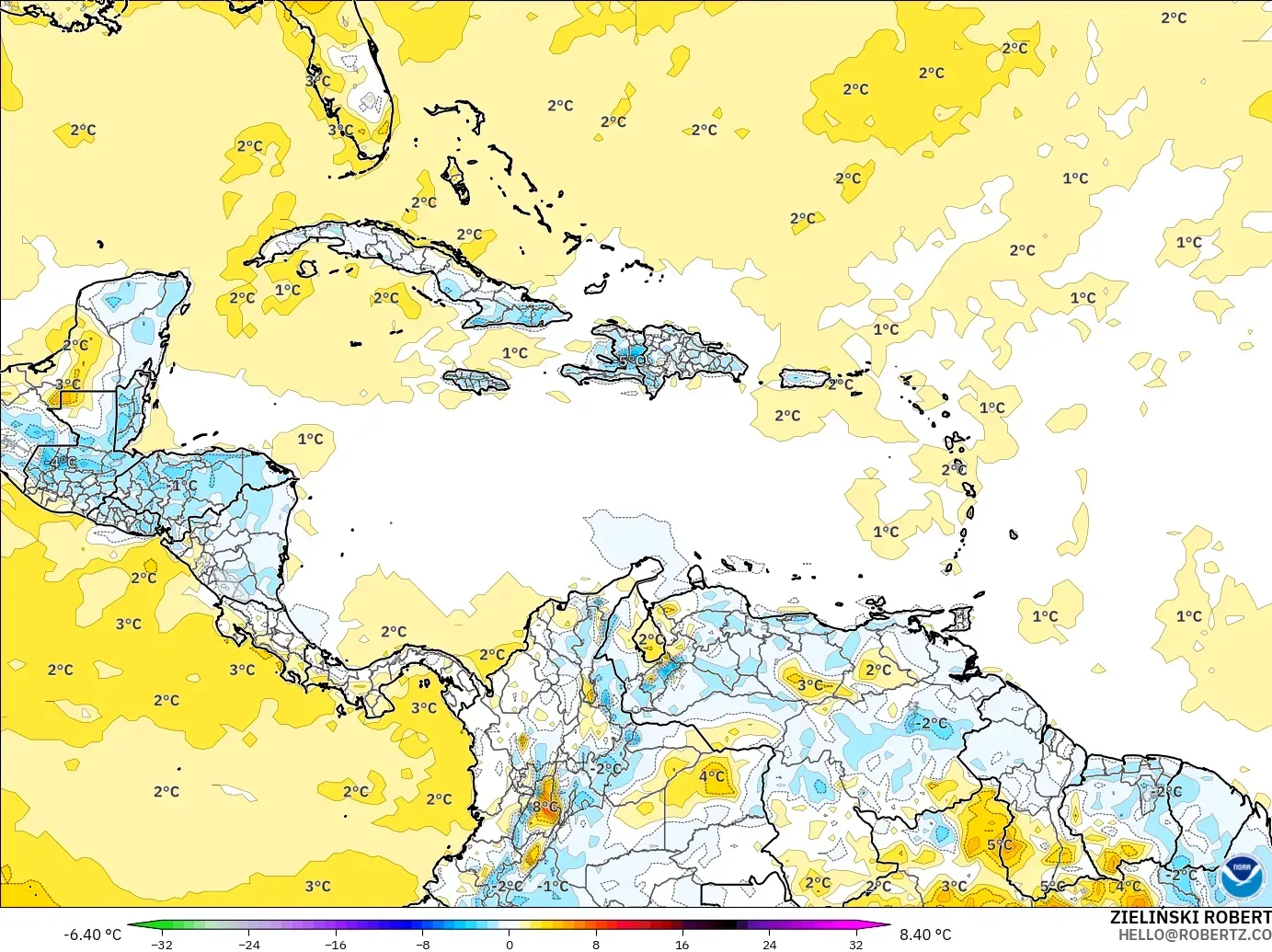 GFS model - Caribbean, Temperature at 2m Anomaly