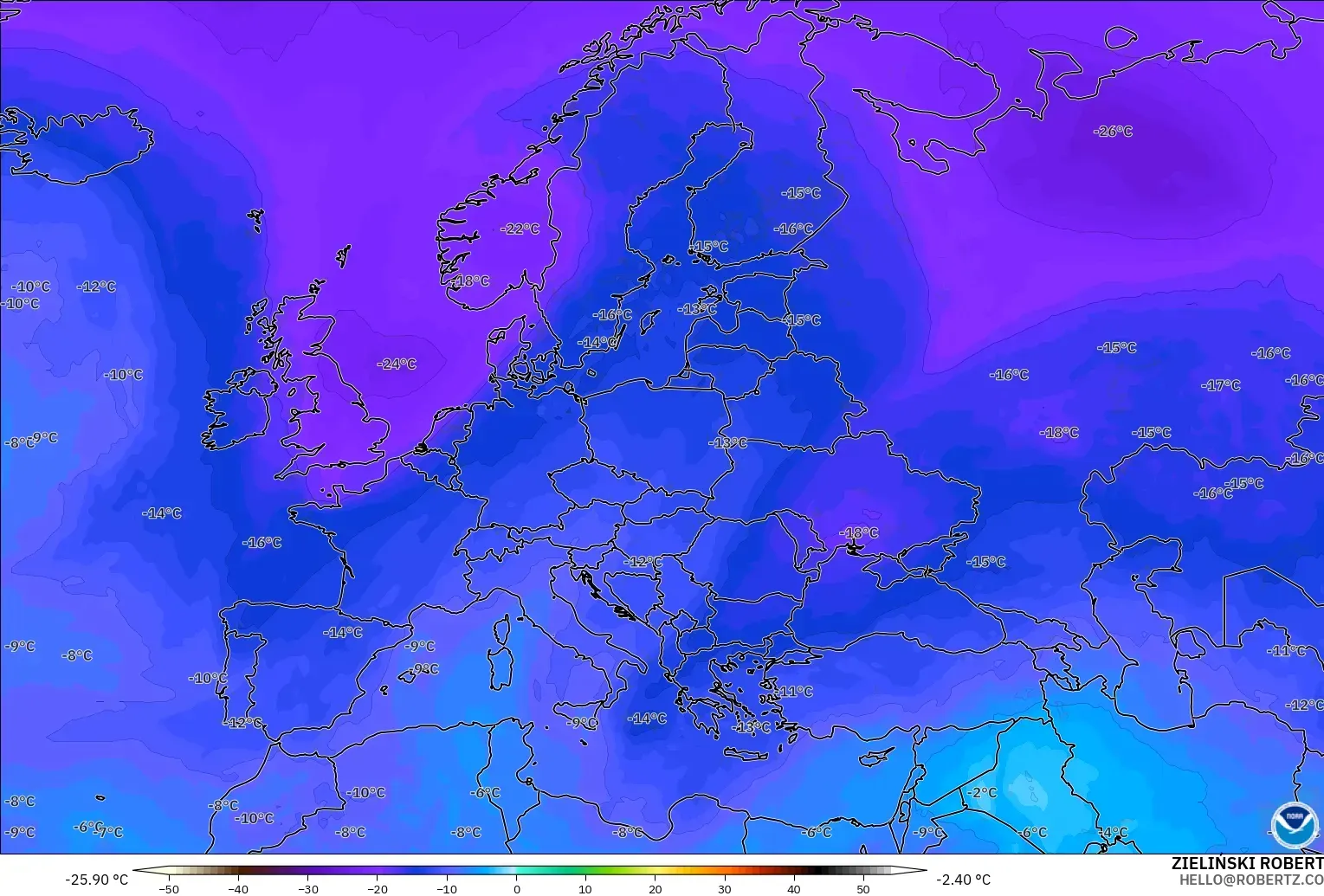 GFS model - Europe, Temperature at 500hPa