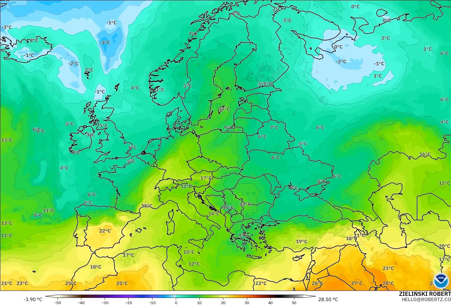 GFS model - Europe, Temperature at 850hPa