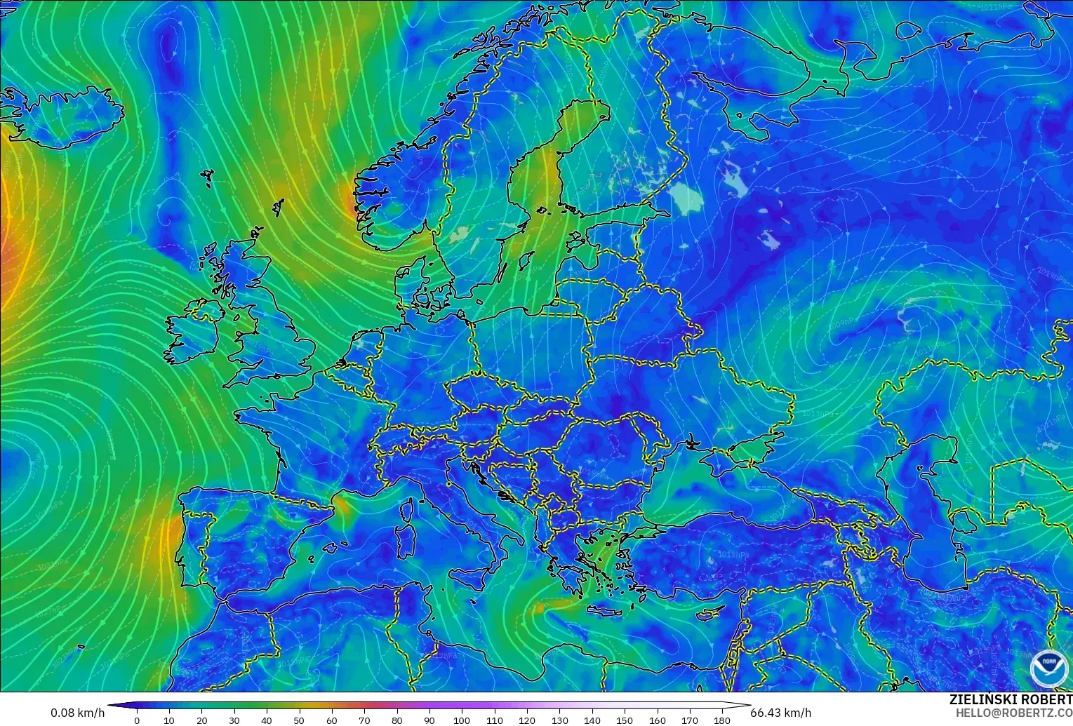 GFS model - Europe, Wind at 10m