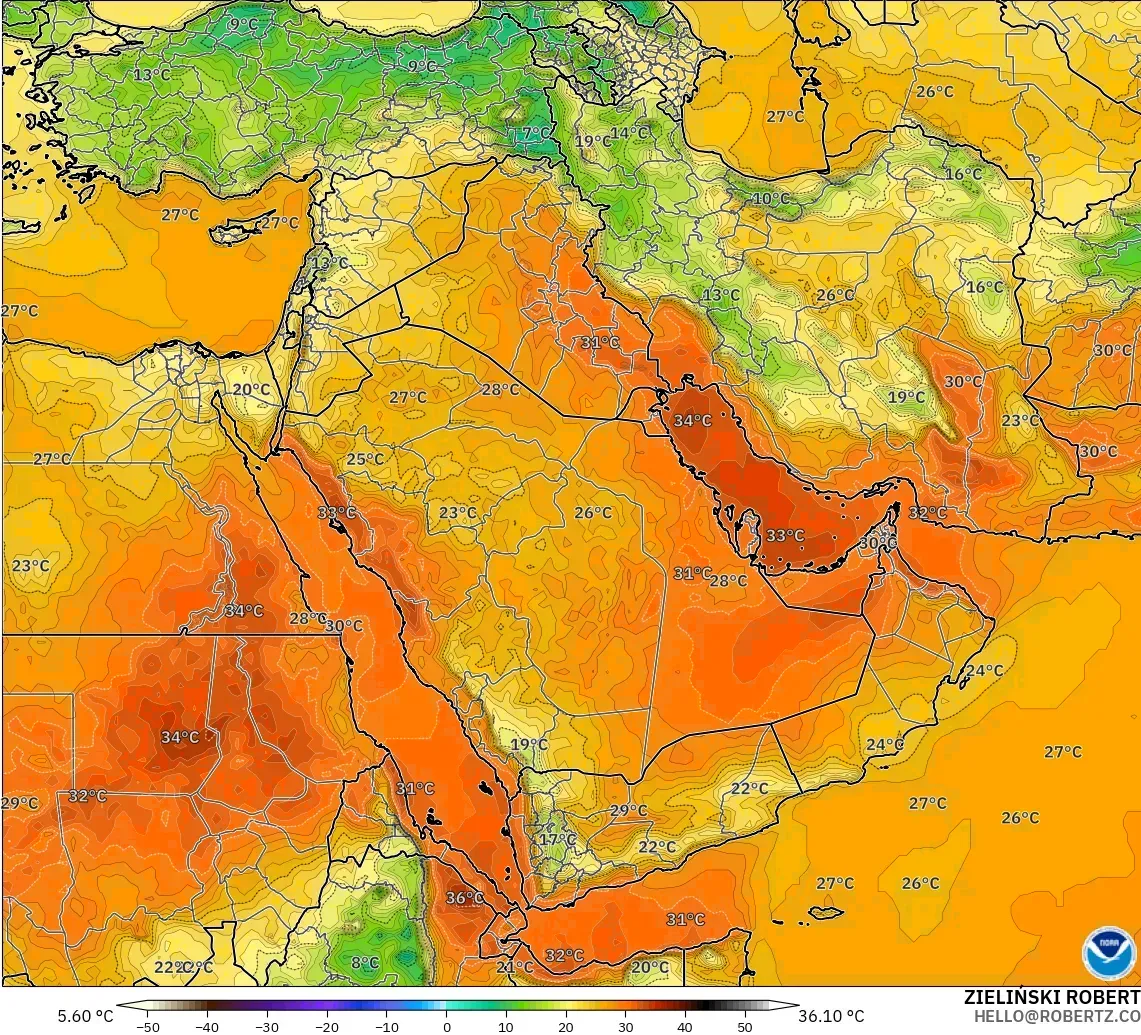 GFS model - Middle East, Temperature at 2m